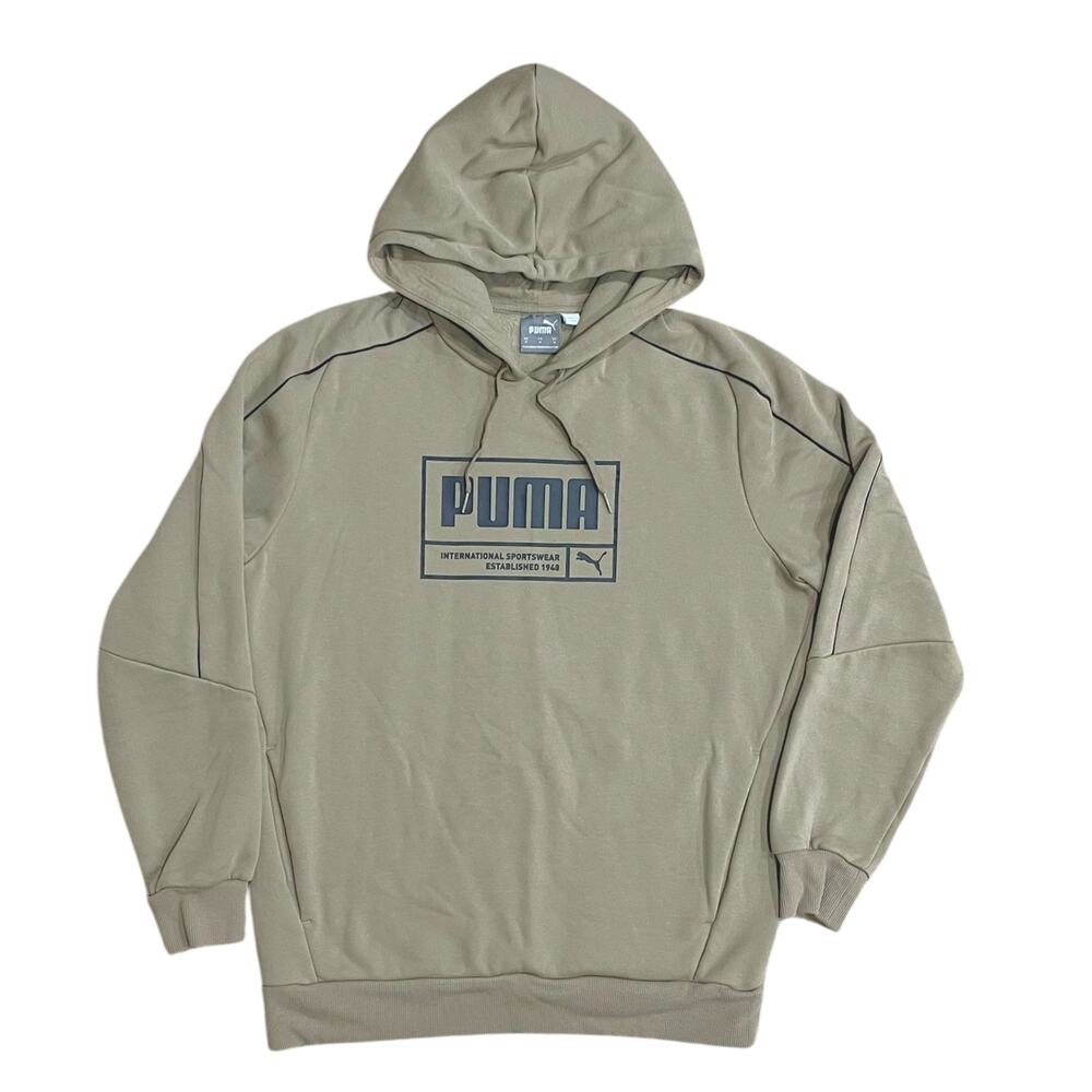 Puma Hoodie Mens M Tan Brown Fleece Pullover Sweatshirt Big PUMA Logo Graphic